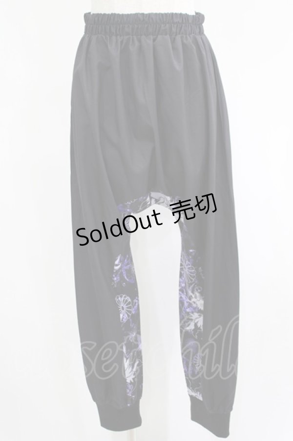 画像1: NieR Clothing / ブロッキングサルエルパンツ  黒×和柄九尾紫 H-25-04-21-1031-PU-PA-KB-ZH (1)