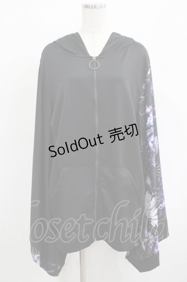 画像1: NieR Clothing / 着物風袖ZIPパーカー  黒×和柄九尾紫 H-25-04-21-1039-PU-TO-KB-ZH (1)