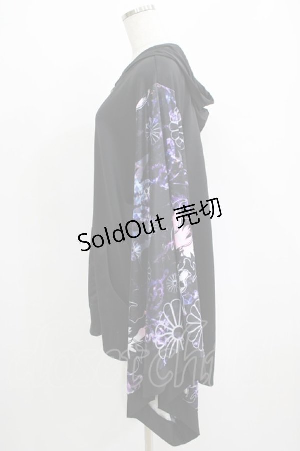 画像2: NieR Clothing / 着物風袖ZIPパーカー  黒×和柄九尾紫 H-25-04-21-1039-PU-TO-KB-ZH (2)