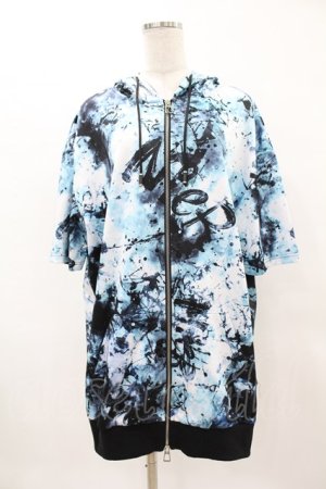 画像: NieR Clothing / 総柄ZIP半袖パーカー  黒×青 H-25-04-22-031-PU-TO-KB-ZH