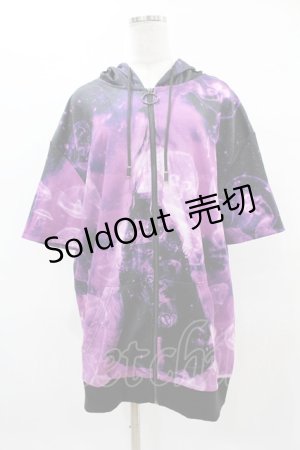 画像: NieR Clothing / 総柄ZIP半袖パーカー  黒×紫 H-25-04-22-034-PU-TO-KB-ZH
