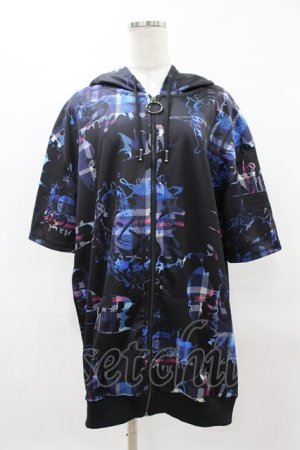 画像: NieR Clothing / 総柄ZIP半袖パーカー  黒 H-25-04-22-037-PU-TO-KB-ZH