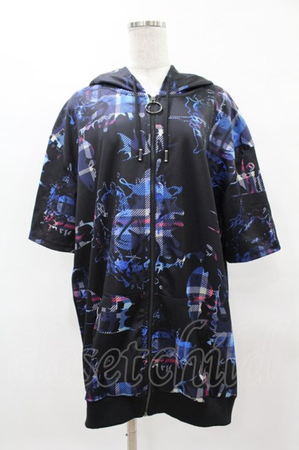 画像1: NieR Clothing / 総柄ZIP半袖パーカー  黒 H-25-04-22-037-PU-TO-KB-ZH (1)