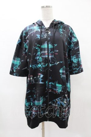画像: NieR Clothing / 総柄ZIP半袖パーカー  黒 H-25-04-22-038-PU-TO-KB-ZH