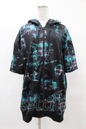 画像: NieR Clothing / 総柄ZIP半袖パーカー  黒 H-25-04-22-039-PU-TO-KB-ZH