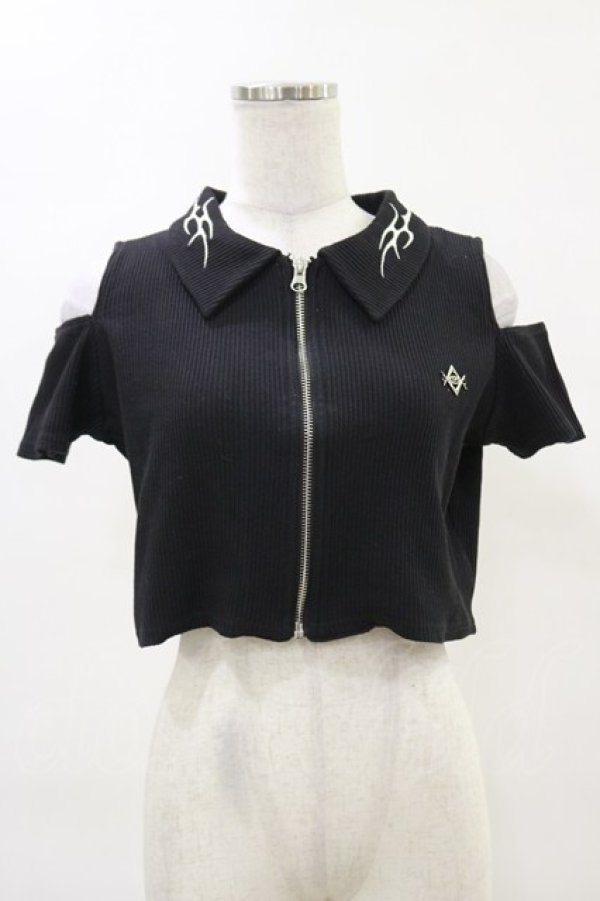 画像1: REFLEM / 肩開きクロップド丈テレコジップアップ半袖カットソー FREE 黒 H-25-04-25-021-PU-TO-KB-ZH (1)