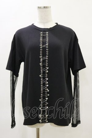 画像: Drug Honey / レイヤード風メッシュ切替カットソー  黒 H-25-04-25-027-PU-TO-KB-ZH
