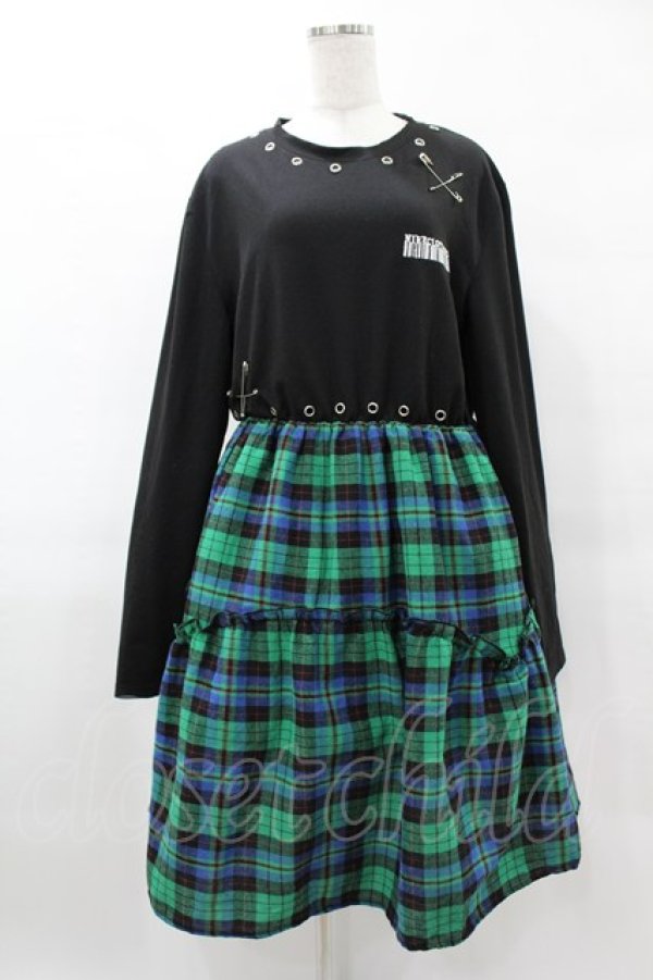画像1: NieR Clothing / チェック切替ワンピース F 黒×緑 H-25-05-01-1039-PU-OP-KB-ZH (1)