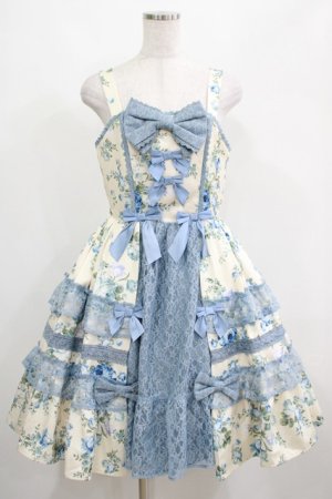 画像: axes femme kawaii / アンティークローズ柄ジャンパースカート M アイボリー/サックス H-25-05-01-007-AX-OP-NS-ZH