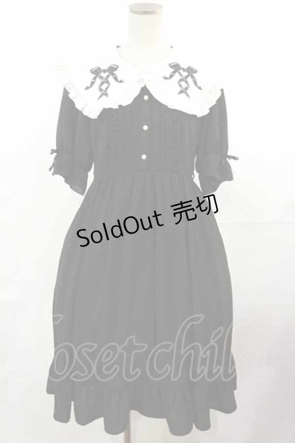 画像1: DearMyLove / レースアップリボン刺繍フリルワンピース M 膝下/ブラック H-25-05-02-1011-EL-OP-NS-ZH (1)