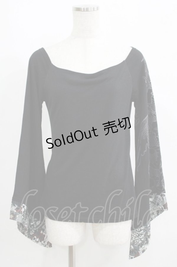 画像1: Qutie Frash / 和柄切替カットソー  黒 H-25-05-02-059-QU-TO-KB-ZH (1)
