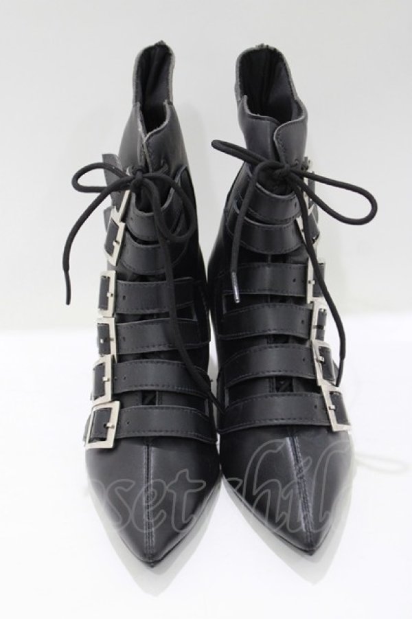 画像1: Goth Pikes / バックルヒールブーツ US7 黒 H-25-05-02-071-PU-SH-KB-ZH (1)