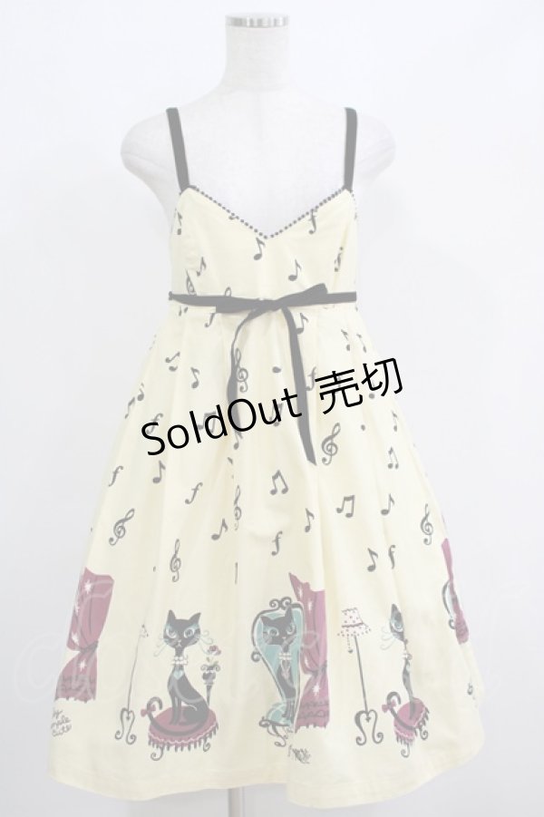 画像1: Emily Temple cute / 音符＆ネコハイウエストノースリーブワンピース  オフシロ H-25-05-06-013-ET-OP-KB-ZH (1)