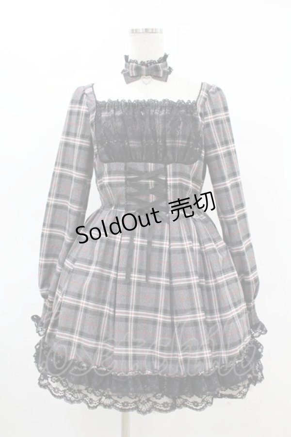 画像1: Princess Melody / りぼんチョーカー付きチェックコルセット風ワンピース Free グレー H-25-05-08-025-EL-OP-NS-ZH (1)