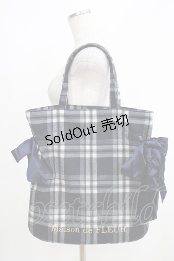 画像1: Maison de FLEUR / チェックダブルリボンギャザートートバッグ  ネイビー H-25-05-12-041-LO-BG-NS-ZH (1)