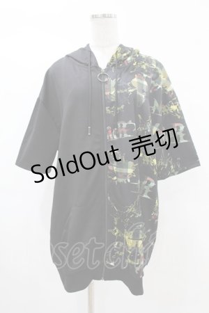 画像: NieR Clothing / プリント切替半袖ZIPパーカー  黒 H-25-05-13-1065-PU-TO-KB-ZH