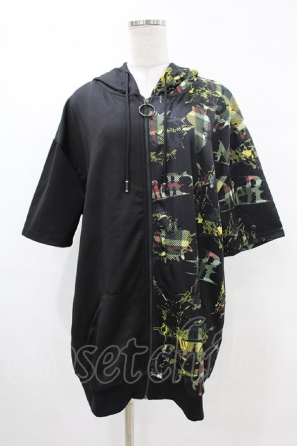 画像1: NieR Clothing / プリント切替半袖ZIPパーカー  黒 H-25-05-13-1065-PU-TO-KB-ZH (1)