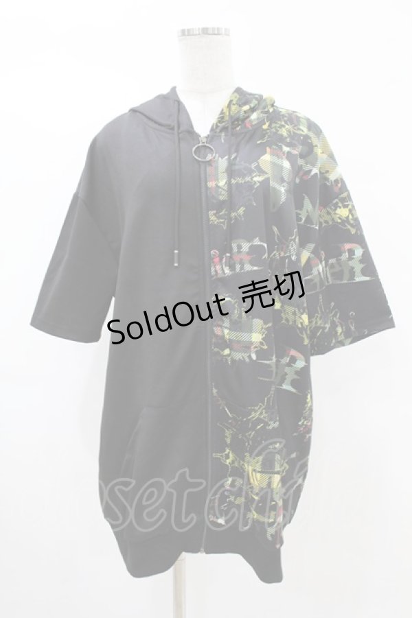 画像1: NieR Clothing / プリント切替半袖ZIPパーカー  黒 H-25-05-13-1065-PU-TO-KB-ZH (1)
