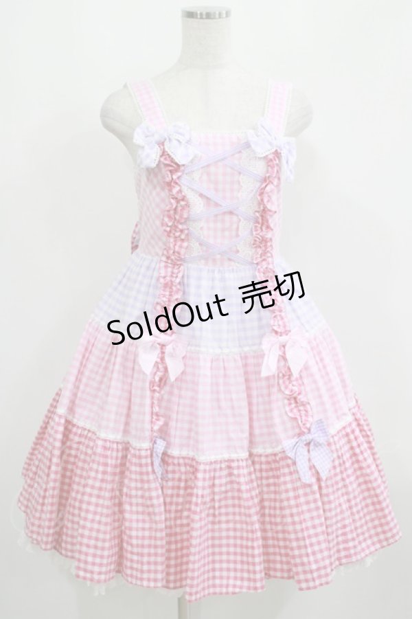 画像1: Angelic Pretty / ギンガム配色肩リボンジャンパースカート Free ピンク/ラベンダー H-25-05-16-1005-AP-OP-NS-ZH (1)