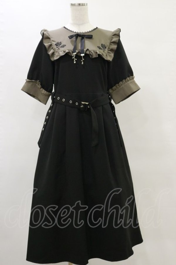 画像1: DearMyLove / ガーターデザインバラ刺繍ワンピース LL ブラック/カーキ H-25-05-23-071-EL-OP-NS-ZH (1)