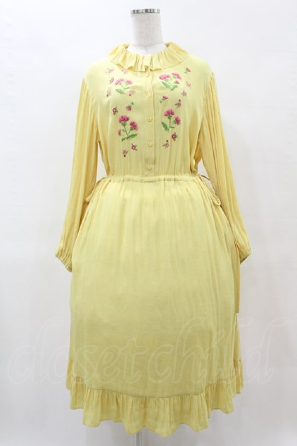 画像1: Jane Marple / クレープジョーゼットThistle embroideryドレス  イエロー H-25-05-27-1007-JM-OP-KB-ZH (1)