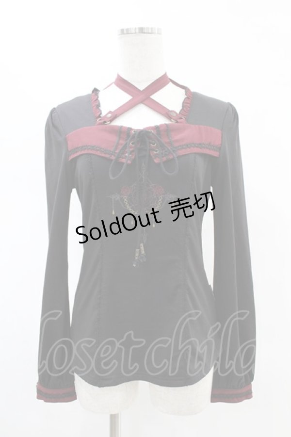 画像1: Ozz oneste / 薔薇プリントホルターカットソー  黒×赤 H-25-05-28-1009-OO-TO-KB-ZH (1)