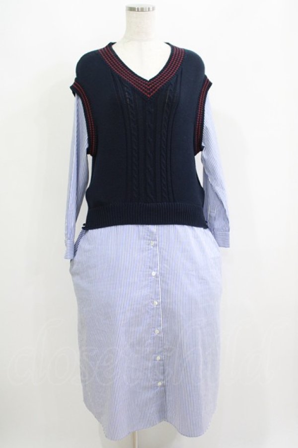 画像1: Jane Marple Dans Le Salon / Tilden vest and stripe trompe-l'oeil dress  ネイビー×ブルー H-25-06-04-001-JM-OP-KB-ZH (1)