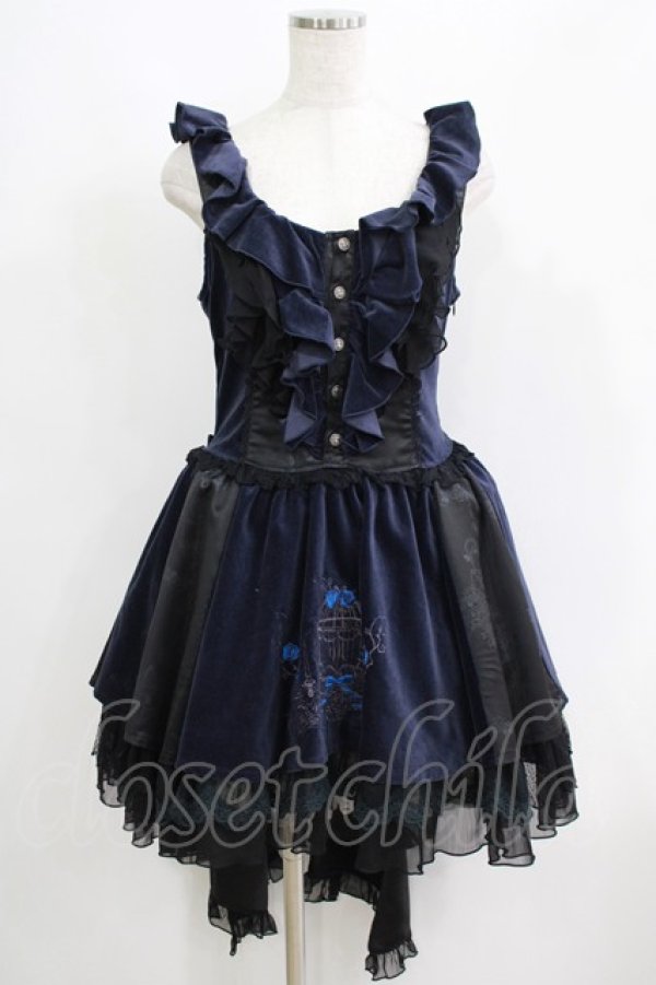 画像1: FRILL / 鳥かご刺繍フリルジャンパースカート  ネイビー×ブラック H-25-10-20-017-HN-OP-KB-ZH (1)