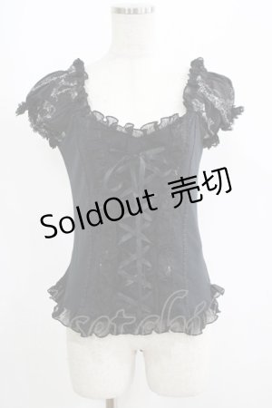 画像: FRILL / プリント切替レースアップカットソー  黒 H-25-06-07-046-HN-TO-KB-ZH