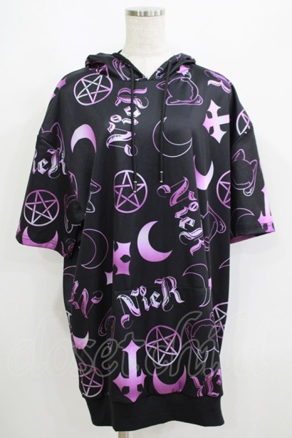 画像1: NieR Clothing / 半袖プルパーカー F 黒×紫 H-25-06-09-1051-PU-TO-KB-ZH (1)