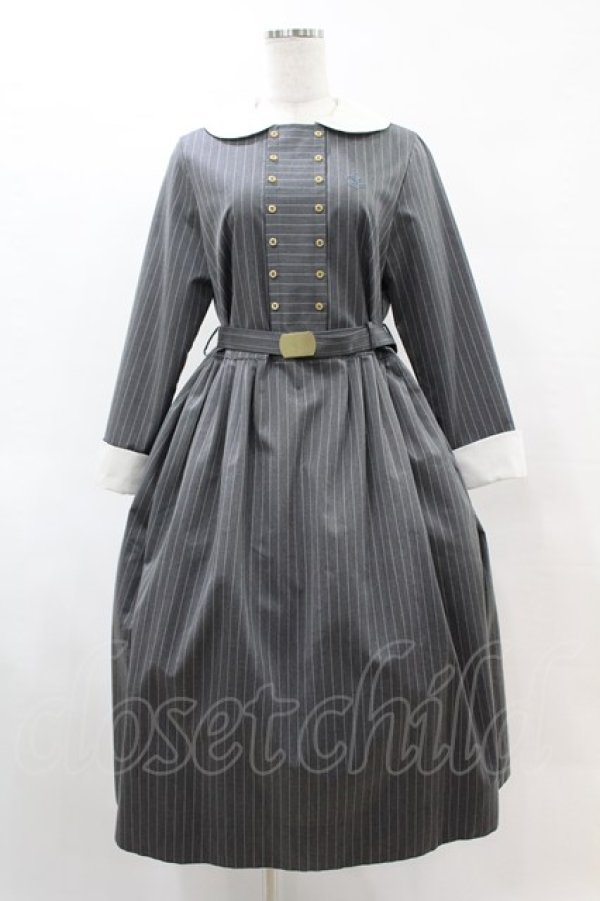 画像1: Jane Marple / ブリティッシュストライプtea houseドレス  グレー H-25-06-10-1022-JM-OP-KB-ZH (1)