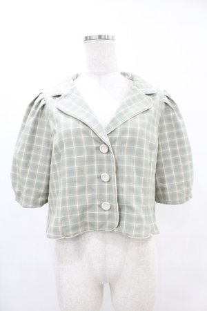 画像: Fi.n.t / チェック柄パフスリーブショートジャケット Free GREEN×WH H-25-06-11-053-CA-JA-NS-ZH