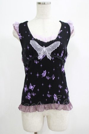 画像: h.Jelly HONEY / 蝶レースノースリーブカットソー  黒 H-25-06-26-048-HN-TO-KB-ZH
