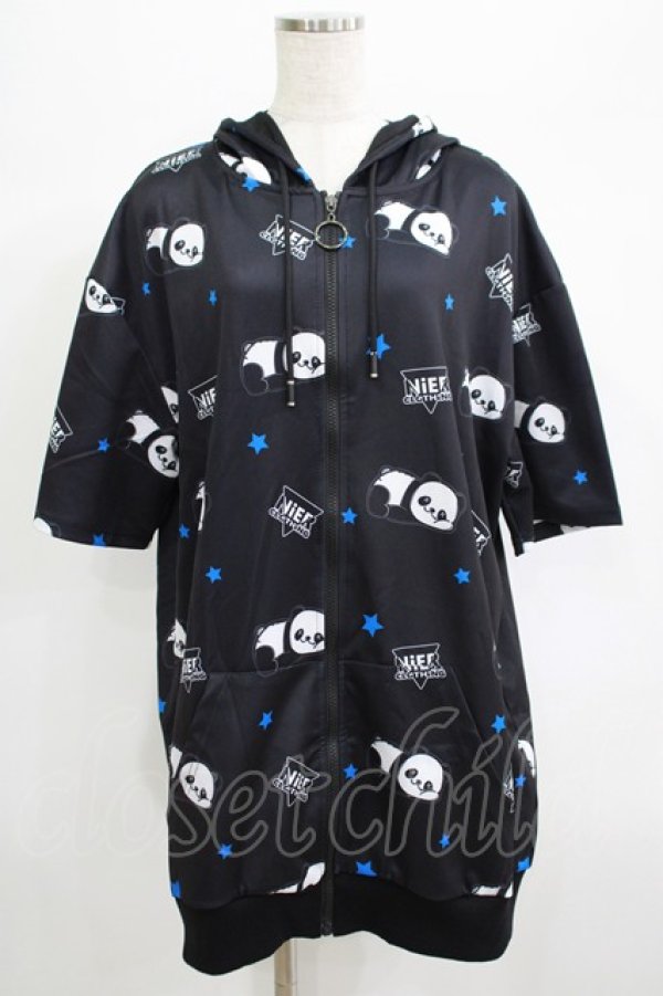 画像1: NieR Clothing / 総柄ZIP半袖パーカー F 黒 H-25-06-27-1056-PU-TO-KB-ZH (1)