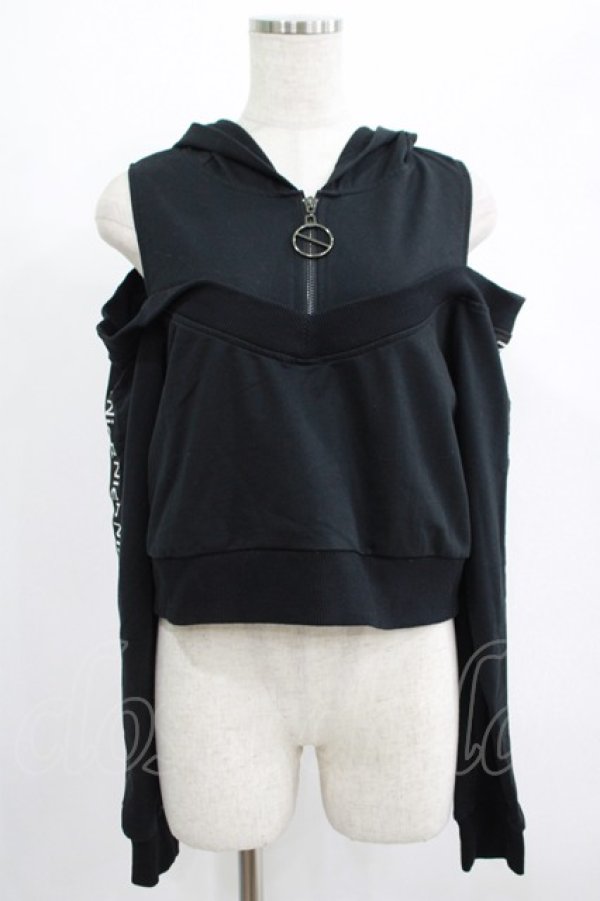 画像1: NieR Clothing / オフショルショートパーカー  黒 H-25-07-01-037-PU-TO-KB-ZH (1)