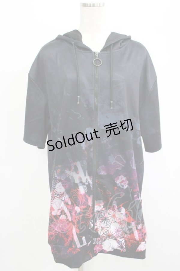 画像1: NieR Clothing / 総柄ZIP半袖パーカー F 黒 H-25-07-05-042-PU-TO-KB-ZH (1)