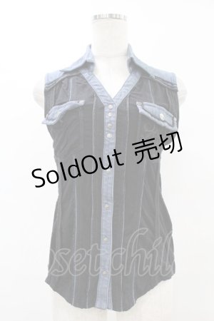 画像: Ozz Croce / 襟付きデニム切替ベスト  黒×青 H-25-07-07-041-OO-TO-KB-ZH