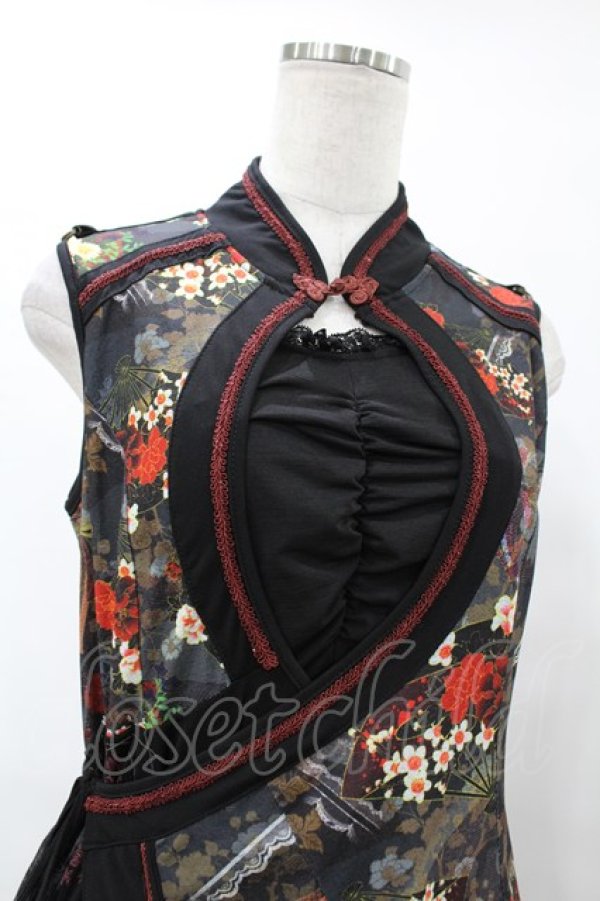 入荷now 買えない oneste Ozz / H-25-07 黒 和柄切替チャイナノースリーブワンピ トップス