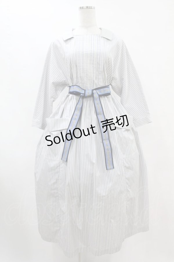 画像1: Jane Marple / フレンチロゴリボンタブリエドレス  アイボリー×ブルーグレイ H-25-07-15-1012-JM-OP-KB-ZH (1)