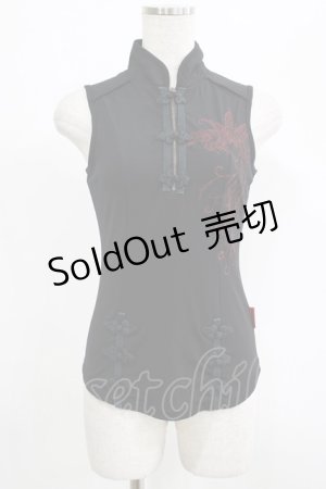 画像: Ozz Croce / 刺繍チャイナノースリーブトップス  黒 H-25-07-18-056-OO-TO-KB-ZH