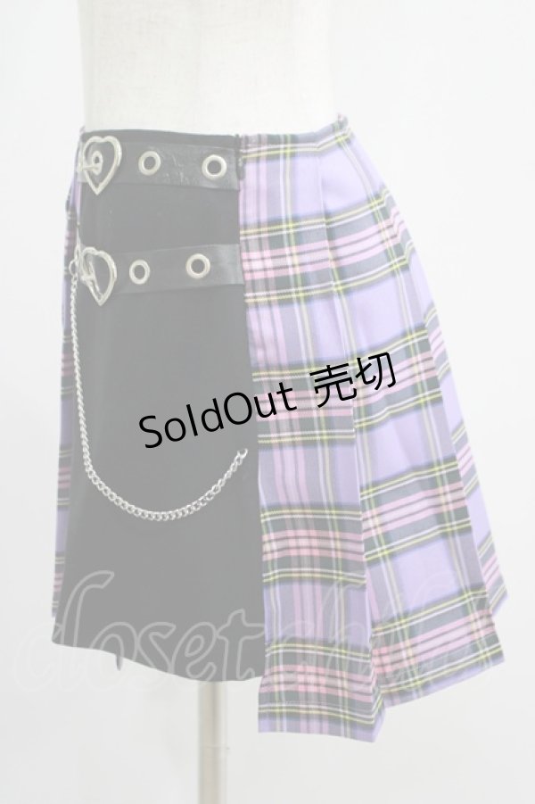 画像2: DARK IN LOVE / Punk purple checked splicing black pleated skirt S パープル×ブラック H-25-07-18-022-PU-SK-KB-ZH (2)