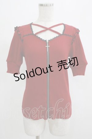 画像: DearMyLove / 十字架フロントジップリブトップス M レッド H-25-07-19-1054-EL-TO-NS-ZH