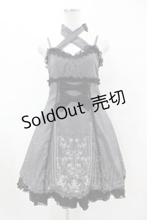 画像: FRILL / ストライプ&リボンローズクラウン刺繍キャミワンピース  黒 H-25-07-20-018-HN-OP-KB-ZH