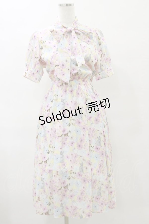 画像1: axes femme POETIQUE / フラワーキャットボウタイワンピース M イエロー H-25-07-23-072-AX-OP-NS-ZH (1)