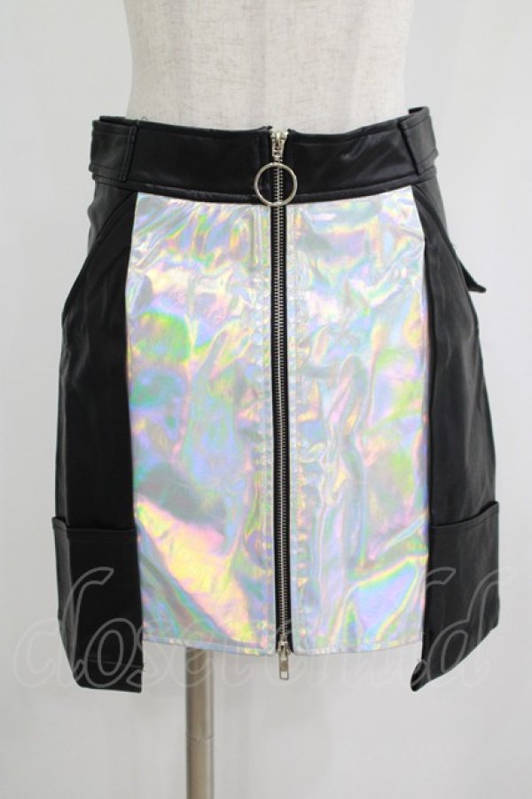 画像1: LISTEN FLAVOR / ホログラフィックレザー台形スカート  ブラック H-25-07-24-018-PU-SK-KB-ZH (1)