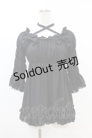 画像: ATELIER PIERROT / 五分袖シャーリングブラウス  黒 H-25-07-25-1010-EL-TO-KB-ZH
