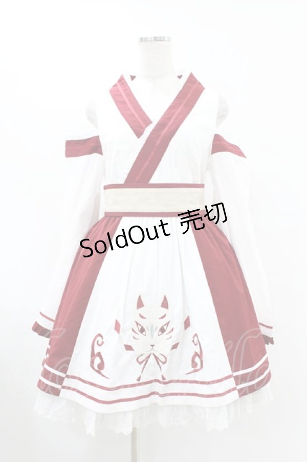 画像1: To Alice / 狐刺繍入り巫女風ワンピース+バレッタ M 白 H-25-07-26-1027-LO-OP-NS-ZH (1)