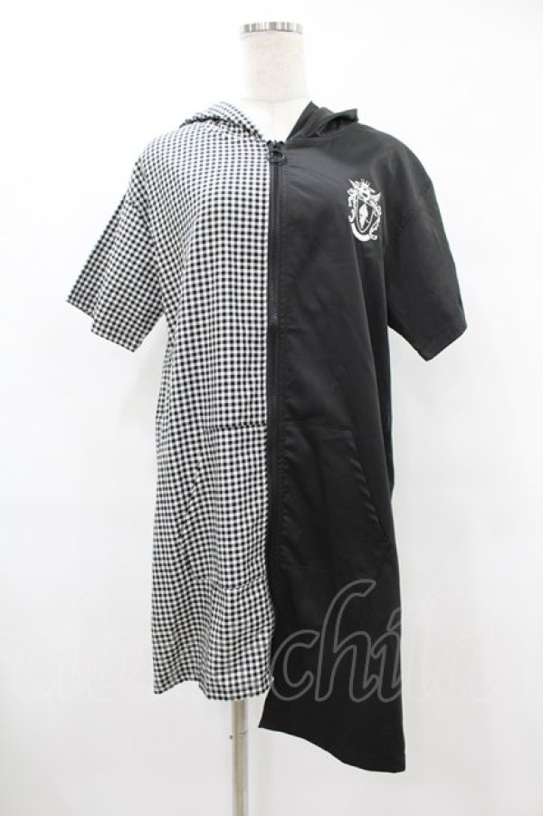 画像1: NieR Clothing / 半袖ZIPパーカー  黒×チェック H-25-08-04-1049-PU-TO-KB-ZT277 (1)