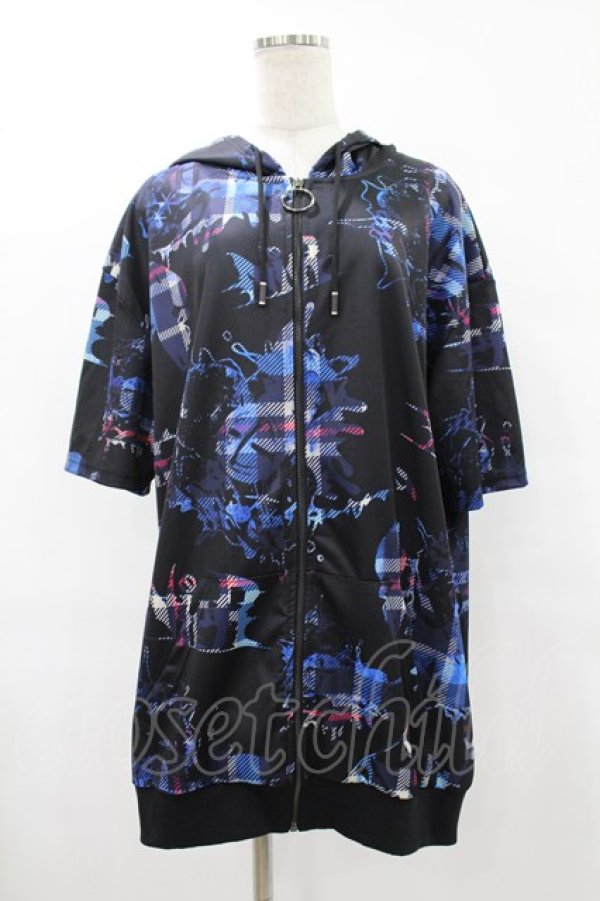 画像1: NieR Clothing / 総柄ZIP半袖パーカー  黒 H-25-08-04-1055-PU-TO-KB-ZT284 (1)