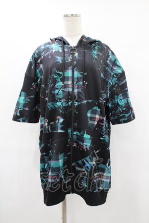 画像: NieR Clothing / 総柄ZIP半袖パーカー  黒 H-25-08-04-1056-PU-TO-KB-ZH